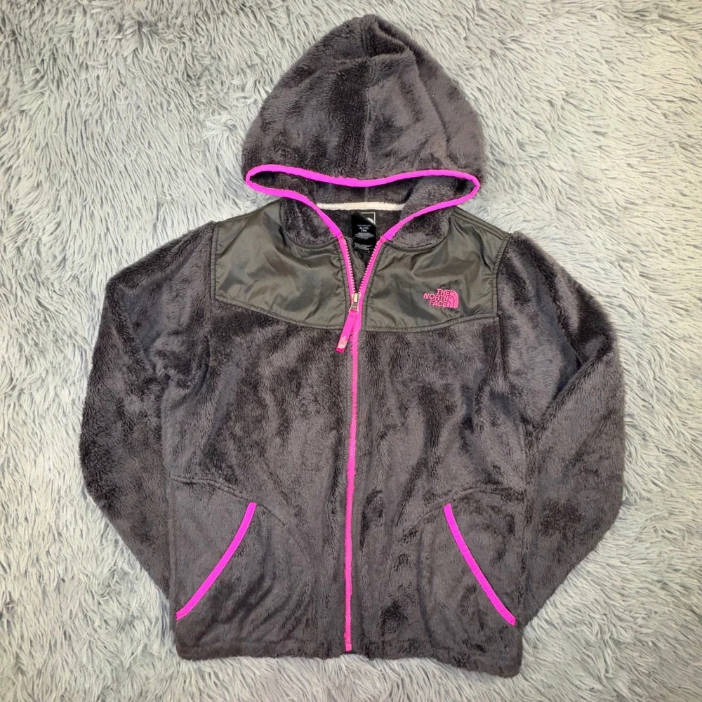 The North Face Girls XL 18 Suave Oso Full-Zip Hooded‎ Jacket Gray Pink Fleece